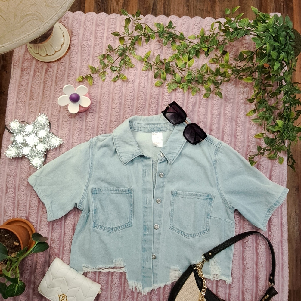 Light Blue Denim Cropped Jacket